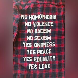 Jac Vanek plaid statement flannel - YES LOVE graphic (s)